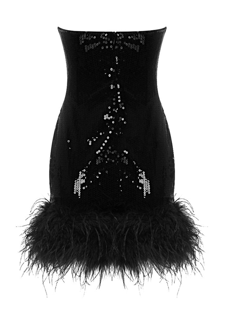 Spliced Feathers Resses For Women Strapless Sleeveless High Waist Off Shoulder Dress Female Fashion Clothing