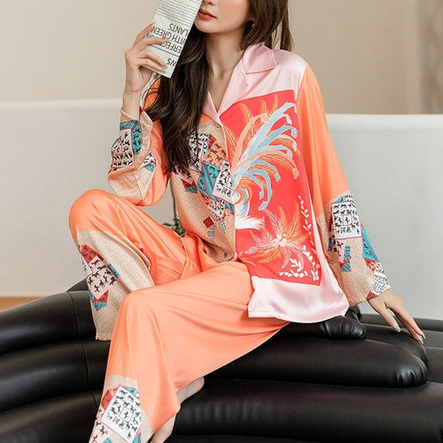 Load image into Gallery viewer, High Quality Women&#39;s Pajamas Set Plant Print Silk Like Homewear Sleepwear Elegant Nightwear Femme Leisure Home Clothes
