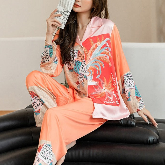 High Quality Women's Pajamas Set Plant Print Silk Like Homewear Sleepwear Elegant Nightwear Femme Leisure Home Clothes