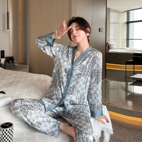 Load image into Gallery viewer, Women&#39;s Pajamas Set Luxury Orange Coconut Print Sleepwear Silk Like Homewear V Neck Nightwear Leisure Loungewear
