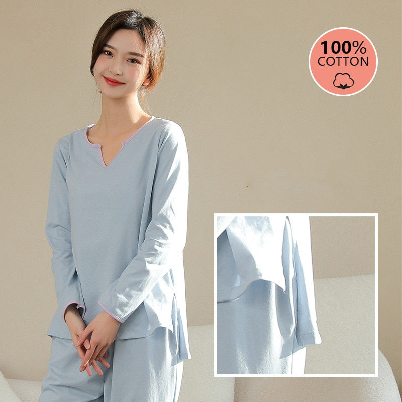 Women's Pajamas Set Simple Solid Color Pure Cotton Sleepwear V Neck Nightwear Casual 2pcs Homewear Nightie Femme
