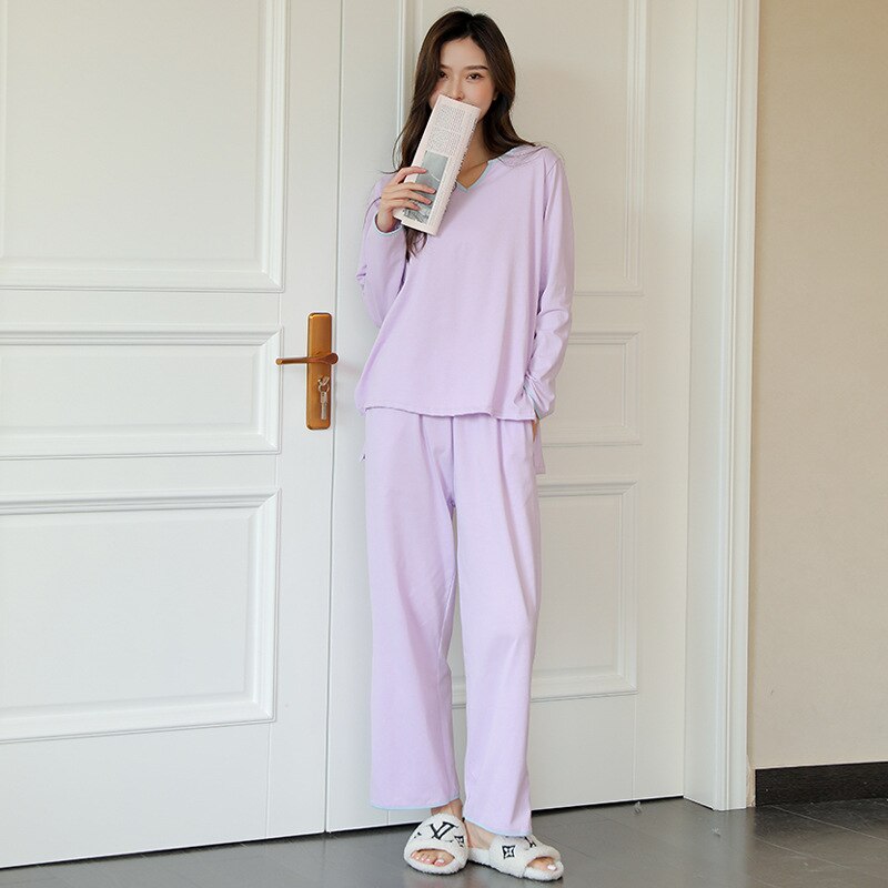 Women's Pajamas Set Simple Solid Color Pure Cotton Sleepwear V Neck Nightwear Casual 2pcs Homewear Nightie Femme