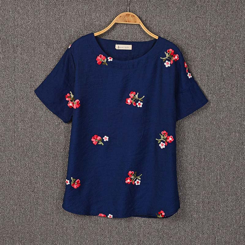 Embroidery Flowers Loose Short Sleeve Shirt-women-wanahavit-Blue-One Size-wanahavit