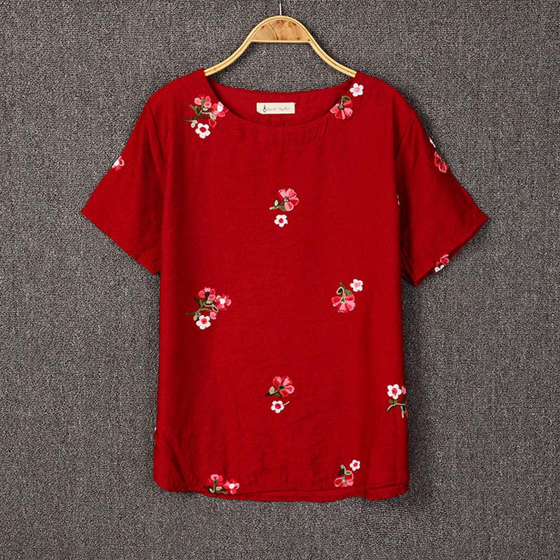 Embroidery Flowers Loose Short Sleeve Shirt-women-wanahavit-Wine red-One Size-wanahavit