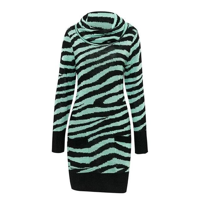 Animal Printed Streetwear Turtleneck Pockets Knitted Mini Sweater dress-women-wanahavit-Green-XL-wanahavit