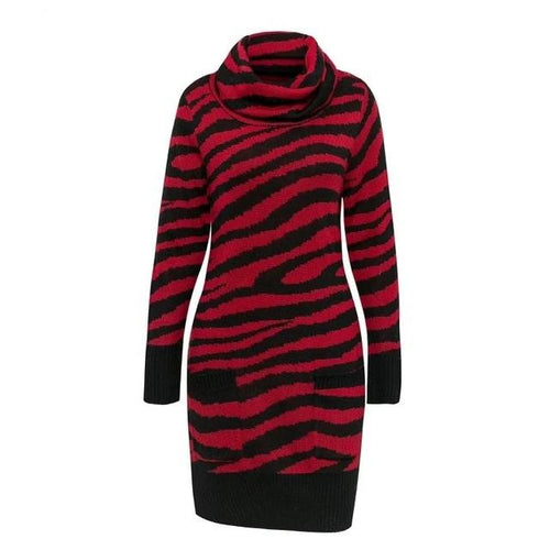 Load image into Gallery viewer, Animal Printed Streetwear Turtleneck Pockets Knitted Mini Sweater dress-women-wanahavit-Red-L-wanahavit
