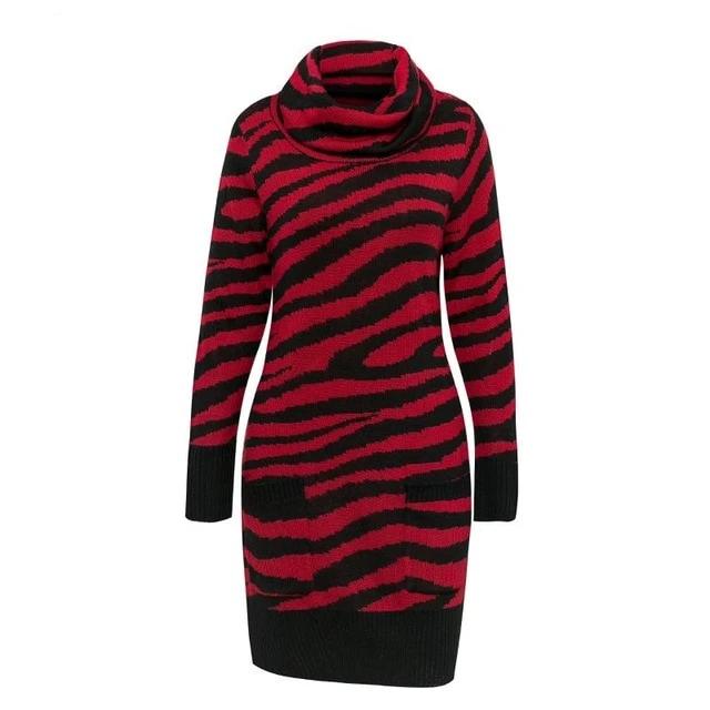 Animal Printed Streetwear Turtleneck Pockets Knitted Mini Sweater dress-women-wanahavit-Red-L-wanahavit