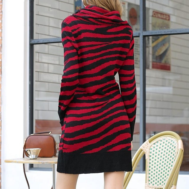 Animal Printed Streetwear Turtleneck Pockets Knitted Mini Sweater dress-women-wanahavit-Red-L-wanahavit