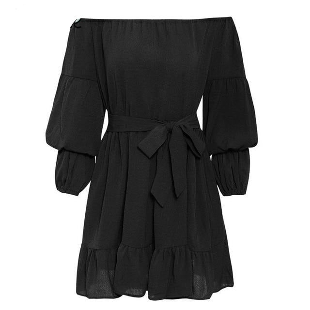Autumn Off Shoulder Long Puff Sleeve Belted Solid Sash Ruffle Mini Dress