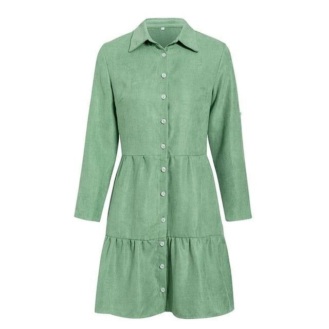 Autumn Shirt A-line Lapel Solid Casual Blouse Winter Long Sleeve Office Short Dress