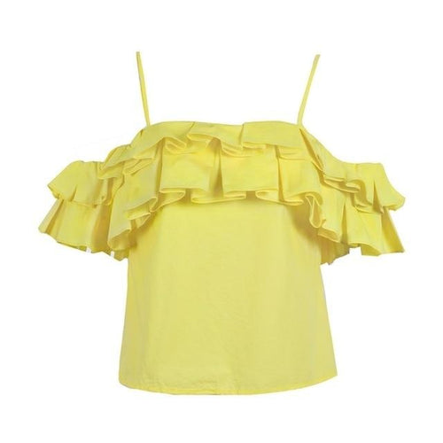 Load image into Gallery viewer, Backless Ruffle Cold Shoulder Camisole Tank Top Summer Yellow Crop Top Chemise Elegant Sleeveless
