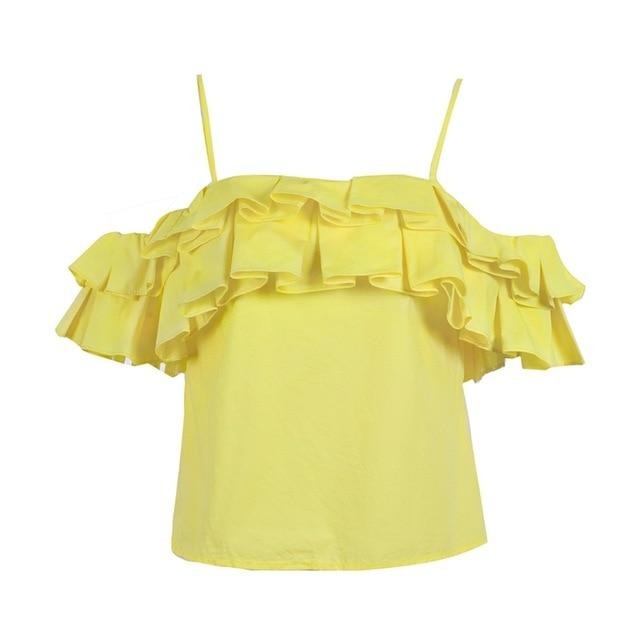 Backless Ruffle Cold Shoulder Camisole Tank Top Summer Yellow Crop Top Chemise Elegant Sleeveless