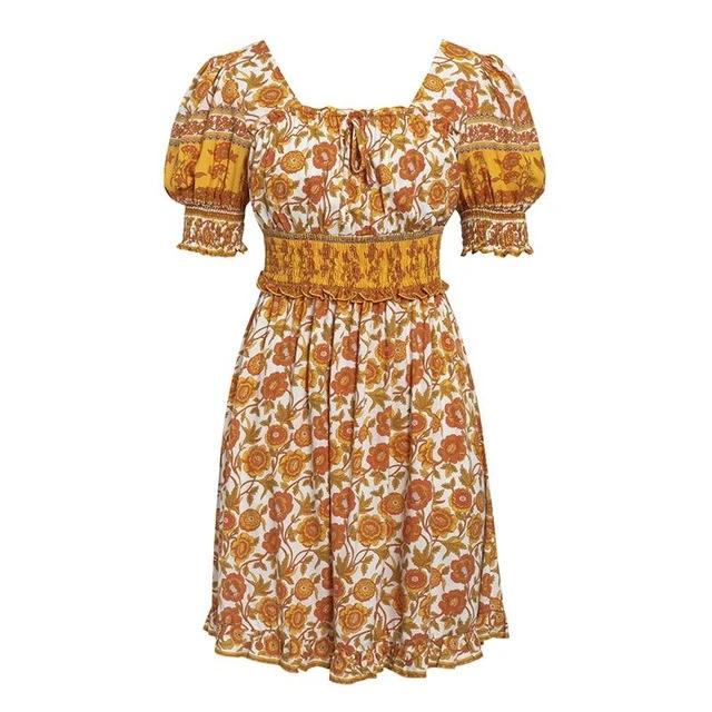 Backless Floral Print Summer High Waist Puff Sleeve Ruffled Mini Dress-women-wanahavit-Orange-S-wanahavit
