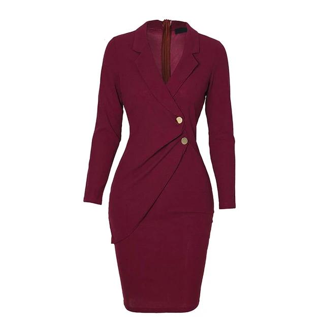 Bodycon Plus Size Office Lapel Long Sleeve Buttons Autumn Dress-women-wanahavit-Burgundy-S-wanahavit