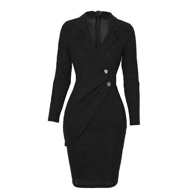 Bodycon Plus Size Office Lapel Long Sleeve Buttons Autumn Dress-women-wanahavit-Black-S-wanahavit