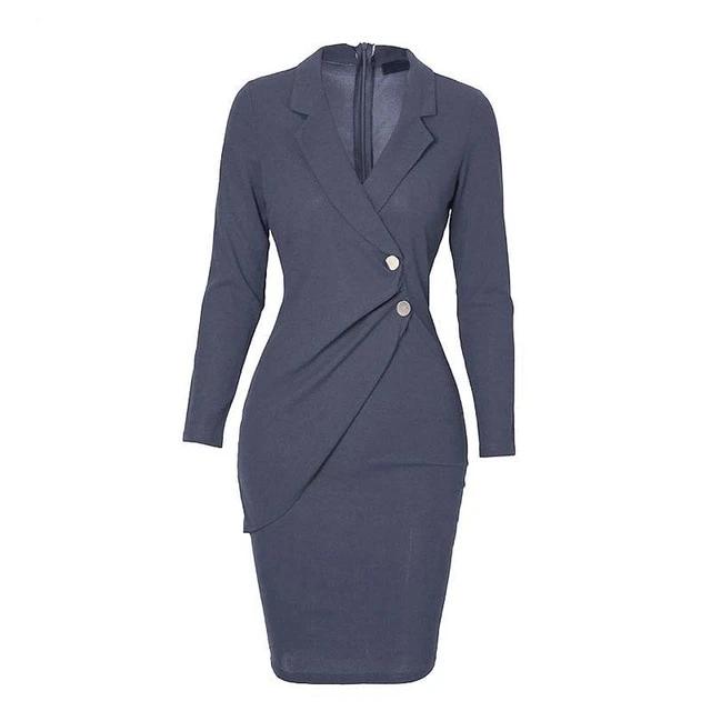 Bodycon Plus Size Office Lapel Long Sleeve Buttons Autumn Dress-women-wanahavit-Gray-S-wanahavit