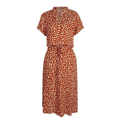 Load image into Gallery viewer, Bohemian Dot Print Summer Lace Up Waist Asymmetrical Midi Dress-women-wanahavit-Orange-Shirt Dress-M-wanahavit
