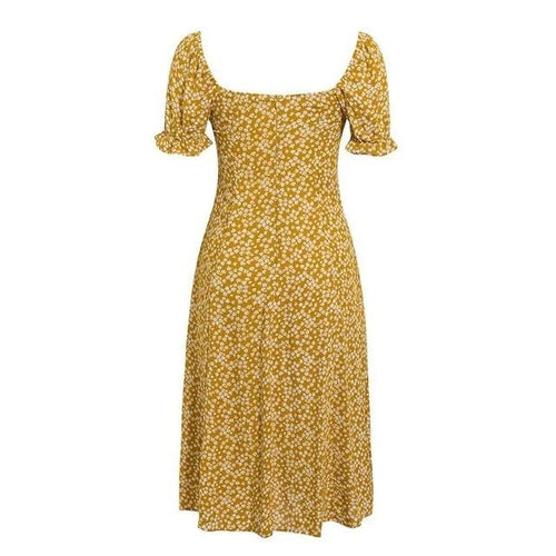 Load image into Gallery viewer, Bohemian Floral Print Short Lantern Sleeve Split Summer Midi Dress-women-wanahavit-Yellow-S-wanahavit
