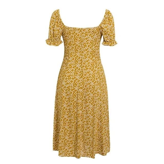 Bohemian Floral Print Short Lantern Sleeve Split Summer Midi Dress-women-wanahavit-Yellow-S-wanahavit