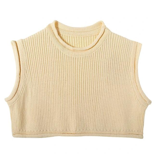 Casual Beige Loose Round Neck Knitted Outerwear Tank Sleeveless