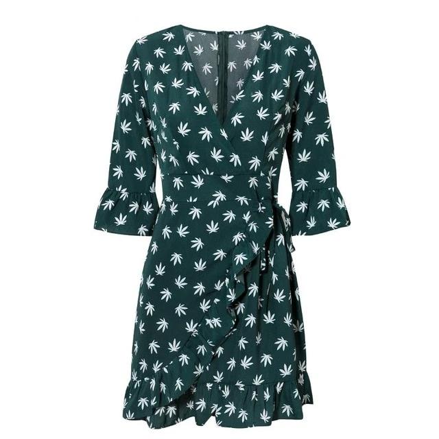 Casual Leaves Print Ruffled Sleeve Chiffon Chic Mini Dress-women-wanahavit-Green-S-wanahavit