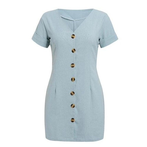 Load image into Gallery viewer, Casual V-Neck Streetwear Single Breasted Cotton Office Mini Dress-women-wanahavit-Sky blue-L-wanahavit
