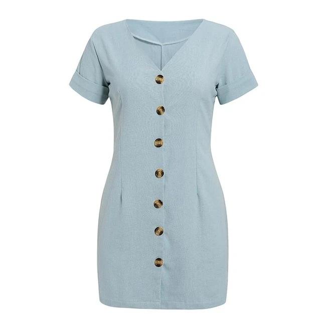Casual V-Neck Streetwear Single Breasted Cotton Office Mini Dress-women-wanahavit-Sky blue-L-wanahavit