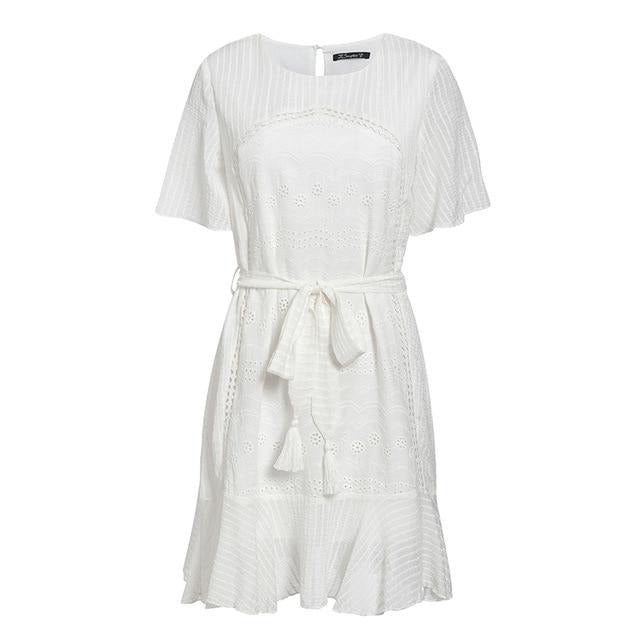 Casual White Summer Ruffle Elegant Cotton Embroidery Mini Dress-women-wanahavit-White-L-wanahavit