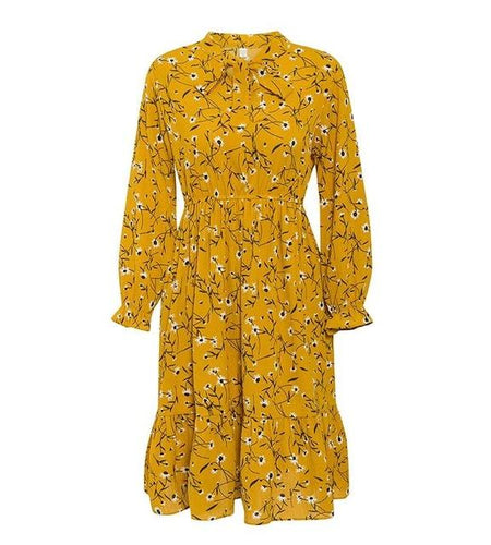 Casual Ruffle Long Sleeve Floral High Waist Bow A-Line Boho Autumn Dress-women-wanahavit-Black-S-wanahavit