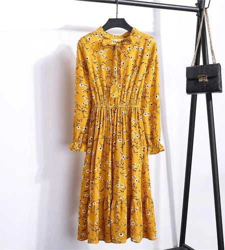 Casual Ruffle Long Sleeve Floral High Waist Bow A-Line Boho Autumn Dress-women-wanahavit-Ivory-S-wanahavit