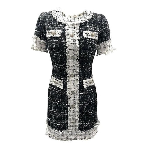 Load image into Gallery viewer, Commute O-neck Button Long Sleeve Plaid Stitching Tight Mini Dress
