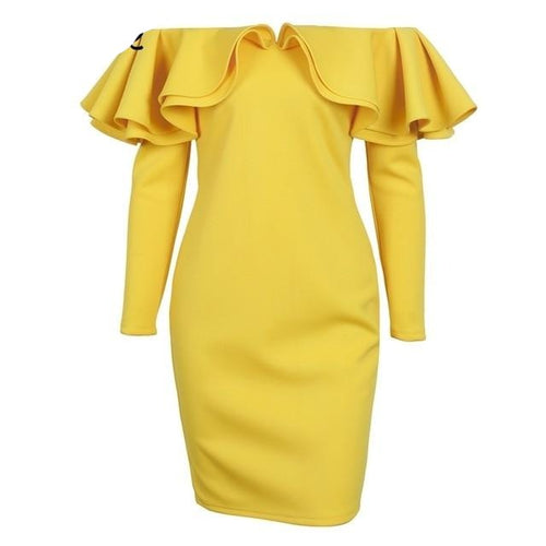 Load image into Gallery viewer, Elegant Backless Sexy Winter Ruffle Autumn Yellow Cold Shoulder Christmas Dress
