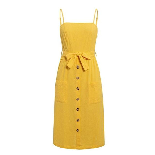Load image into Gallery viewer, Elegant Button Pocket Polka Dots Yellow Cotton Midi Summer Casual Plus Size Beach Dress
