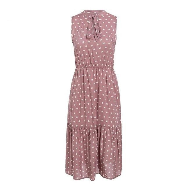 Elegant Cravat Sleeveless Polka Dot Print Office Summer A-line Casual Midi Dress