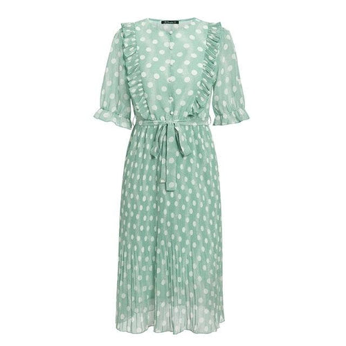 Load image into Gallery viewer, Elegant Dot Print Summer Short Sleeve Ruffle Sash Pearl Buttons A-line Midi Dress-women-wanahavit-Green-L-wanahavit
