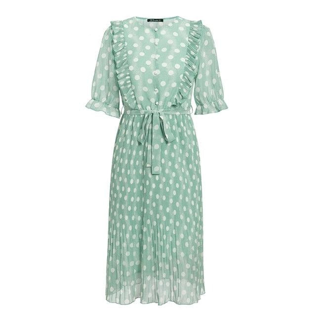 Elegant Dot Print Summer Short Sleeve Ruffle Sash Pearl Buttons A-line Midi Dress-women-wanahavit-Green-L-wanahavit
