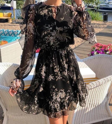 Elegant Floral Print V-Neck Lace Up Long Sleeve Ruffled High Waist Mini Dress-women-wanahavit-Black-S-wanahavit