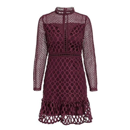 Load image into Gallery viewer, Elegant Hollow Out Mesh Lace Ruffle Slim Autumn Winter High Waist Long Sleeve Party Sexy Dress
