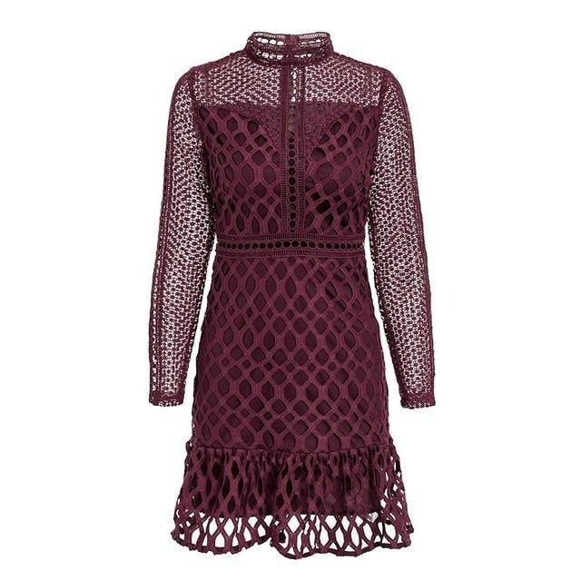 Elegant Hollow Out Mesh Lace Ruffle Slim Autumn Winter High Waist Long Sleeve Party Sexy Dress