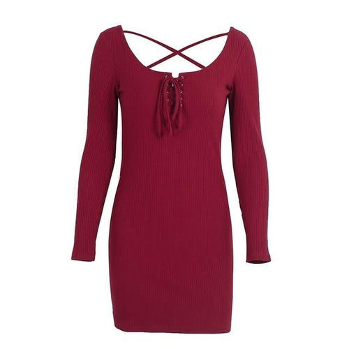 Load image into Gallery viewer, Elegant Lace Up Knitted Long Sleeve Sexy Elastic Sweater Casual Bodycon Dress
