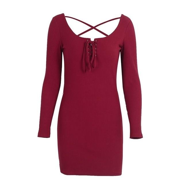 Elegant Lace Up Knitted Long Sleeve Sexy Elastic Sweater Casual Bodycon Dress