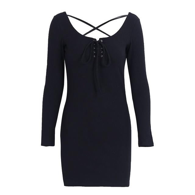 Elegant Lace Up Knitted Long Sleeve Sexy Elastic Sweater Casual Bodycon Dress