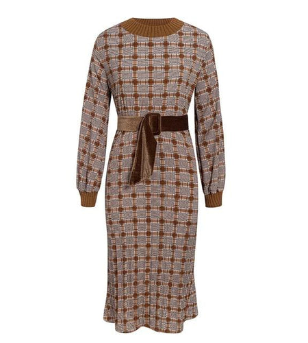 Elegant Plaid Lantern High Waist O-neck Belt Ruched Spring Bodycon Office Dress-women-wanahavit-Khaki-S-wanahavit