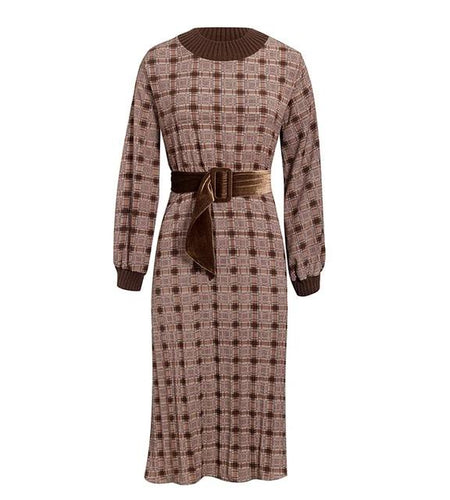 Elegant Plaid Lantern High Waist O-neck Belt Ruched Spring Bodycon Office Dress-women-wanahavit-Brown-L-wanahavit