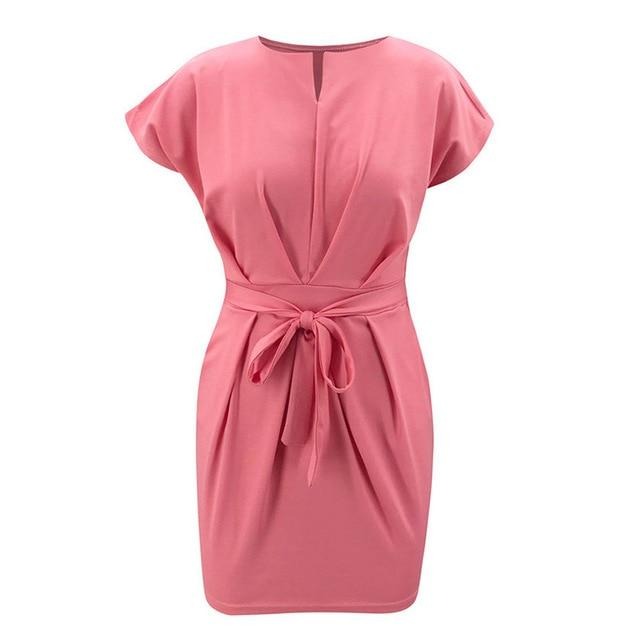 Elegant Round Neck Office Solid Lace Up Ruffle Sleeve Slim High Waist Dress-women-wanahavit-Pink-S-wanahavit