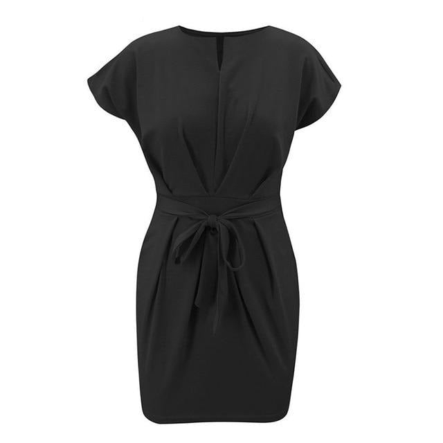 Elegant Round Neck Office Solid Lace Up Ruffle Sleeve Slim High Waist Dress-women-wanahavit-Black-XL-wanahavit