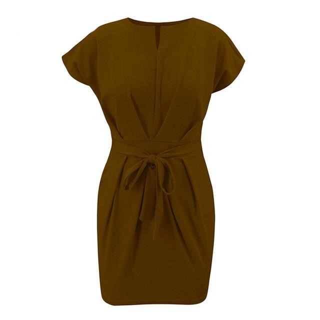 Elegant Round Neck Office Solid Lace Up Ruffle Sleeve Slim High Waist Dress-women-wanahavit-Brown-XL-wanahavit