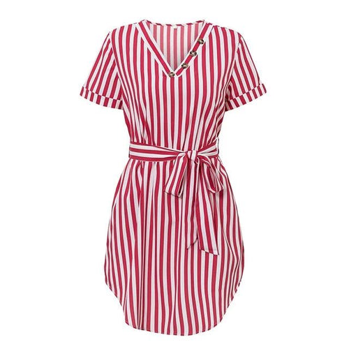 Load image into Gallery viewer, Elegant Striped High Waist V-neck Buttons Belt Office Dress-women-wanahavit-Red-S-wanahavit
