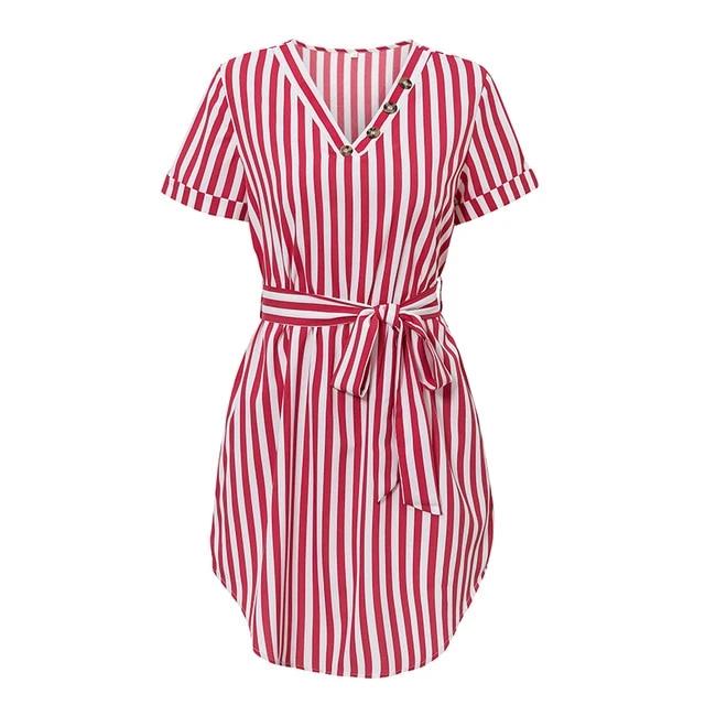 Elegant Striped High Waist V-neck Buttons Belt Office Dress-women-wanahavit-Red-S-wanahavit