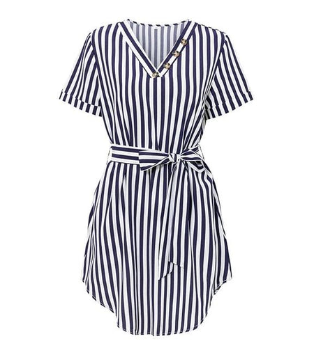 Elegant Striped High Waist V-neck Buttons Belt Office Dress-women-wanahavit-Navy Blue-S-wanahavit